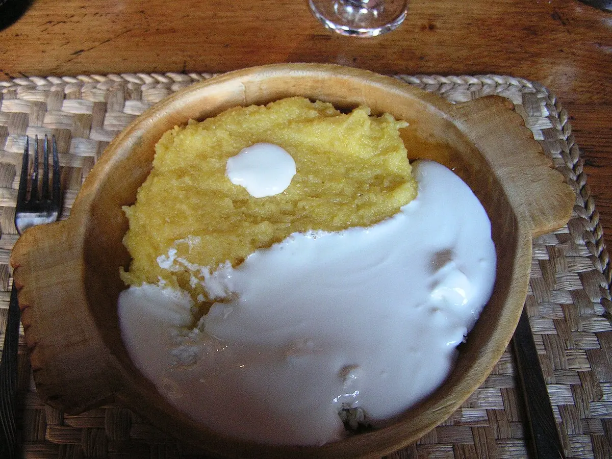 A dish of mamaliga cornmeal polenta topped with white cheese and sour cream