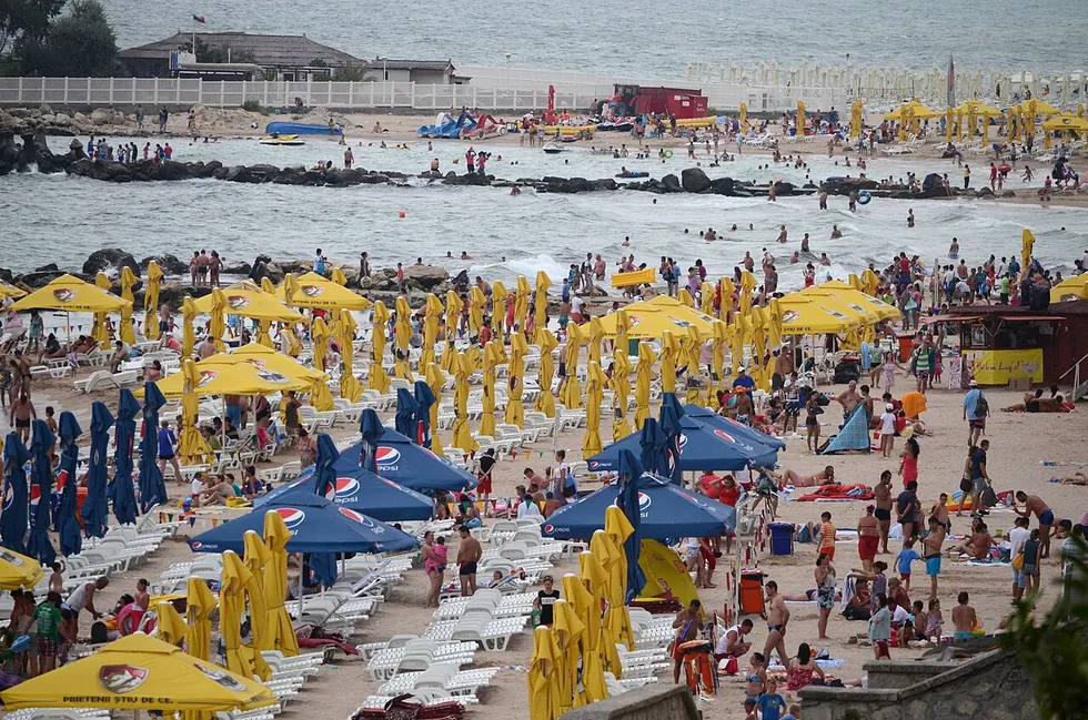 The beach and low-rise hotels at Eforie Nord south of Constanta, a calmer family resort on the Black Sea