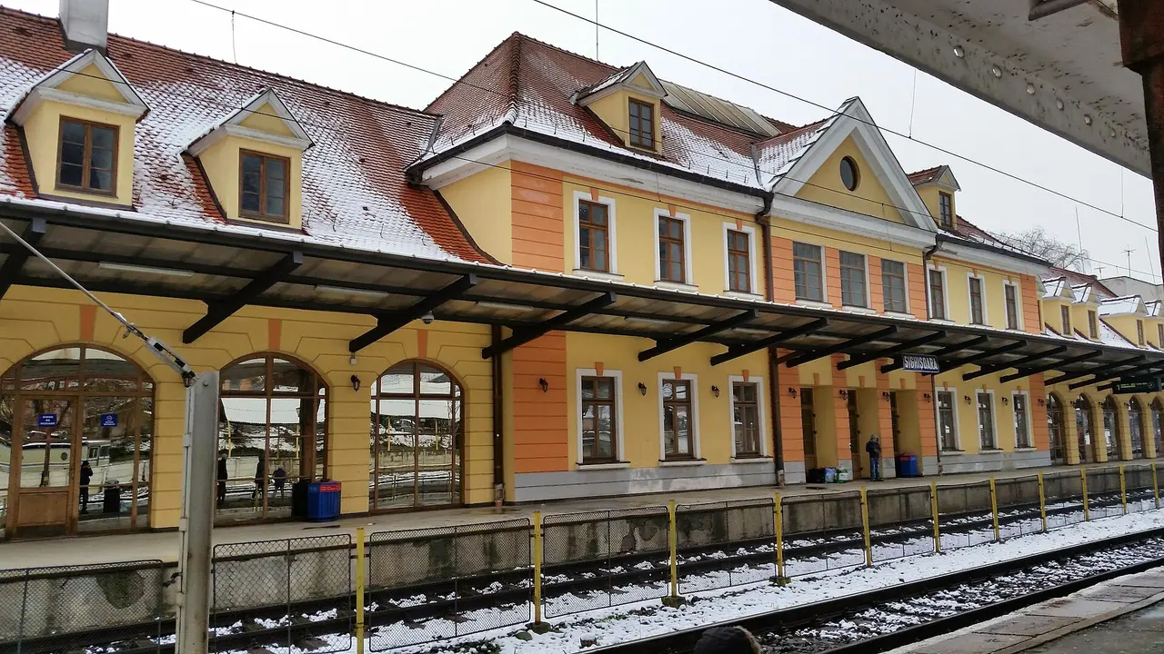 The front of Gara Sighisoara railway station with its platform canopy and park in front